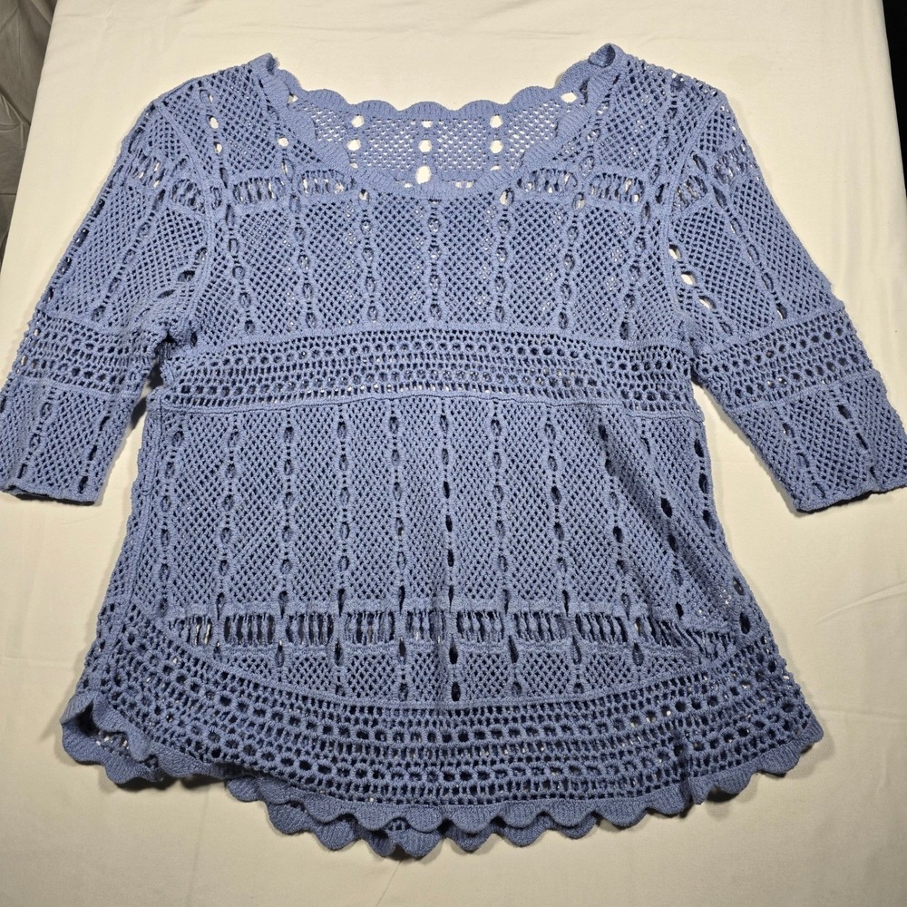 One World‎ Blue womens Crochet Knit Top 3/4 Sleeve Boho medium cottage farm